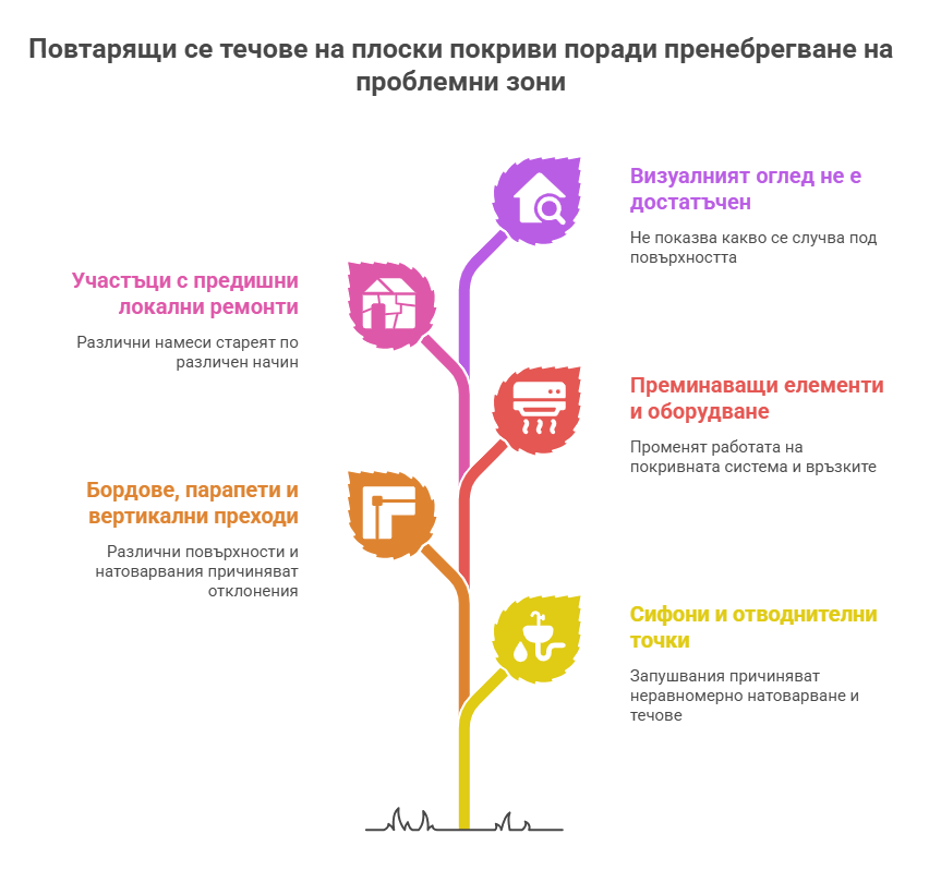 Поддръжка на плосък покрив: какво да проверяваме всяка пролет и есен 2 Повтарящи се течове на плоски покриви поради пренебрегване на проблемни зони