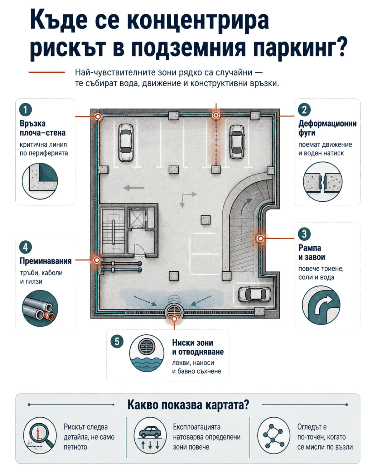 Хидроизолация на подземен паркинг: защо е различна от покривната и как се изпълнява 2 карта с рискови зони в подземен паркинг